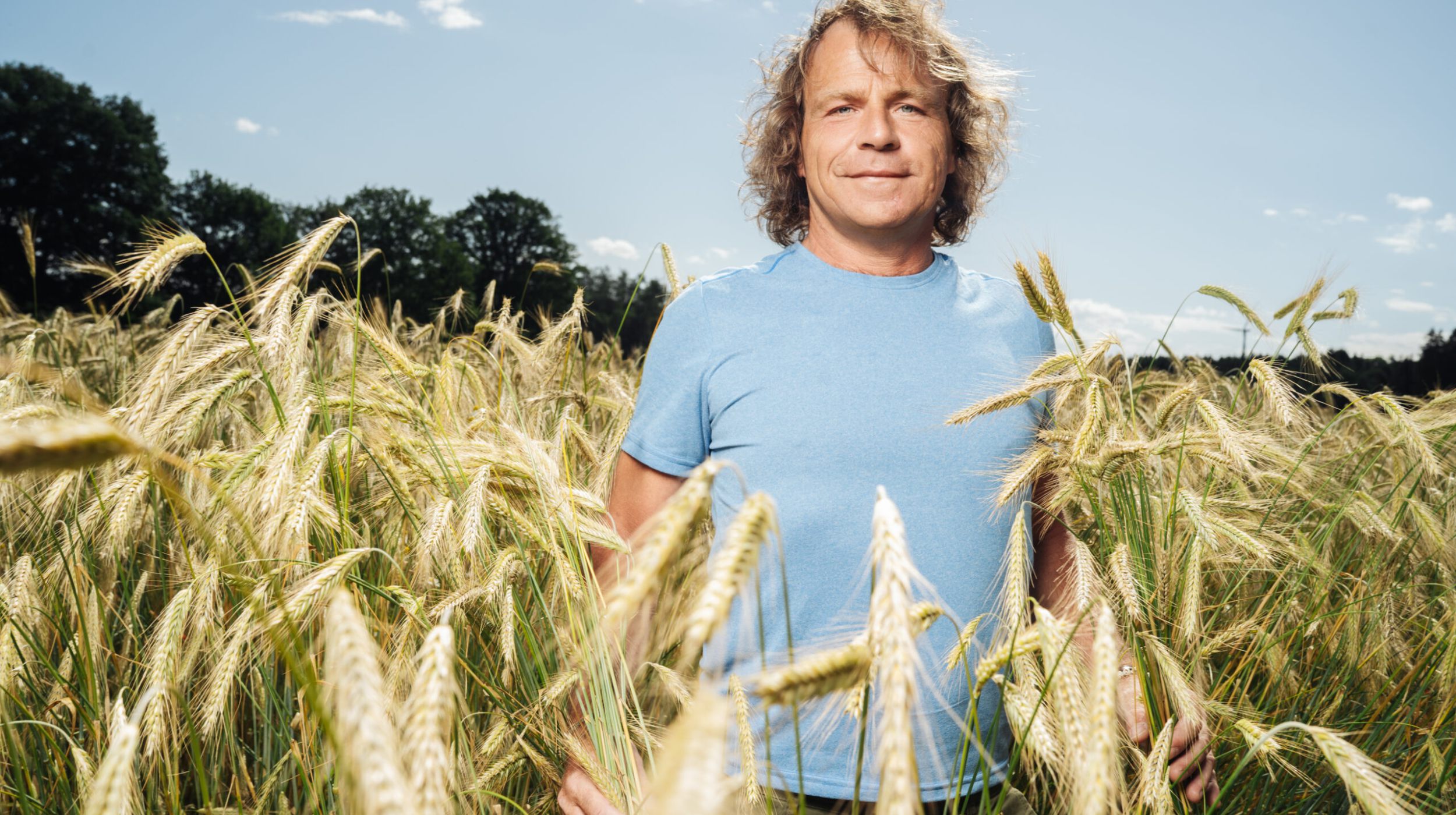 Ein Mann mit lockigem blondem Haar und hellblauem T-Shirt steht in einem goldenen Weizenfeld unter einem klaren blauen Himmel, im Hintergrund sind Bäume zu sehen.